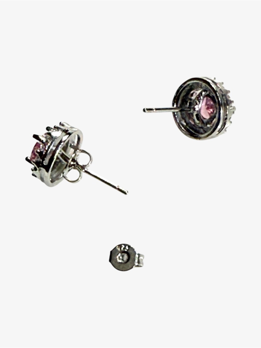 Sterling Silver Pink CZ Halo Stud Earrings with AAA clear CZ Pave - Picture 5 of 7